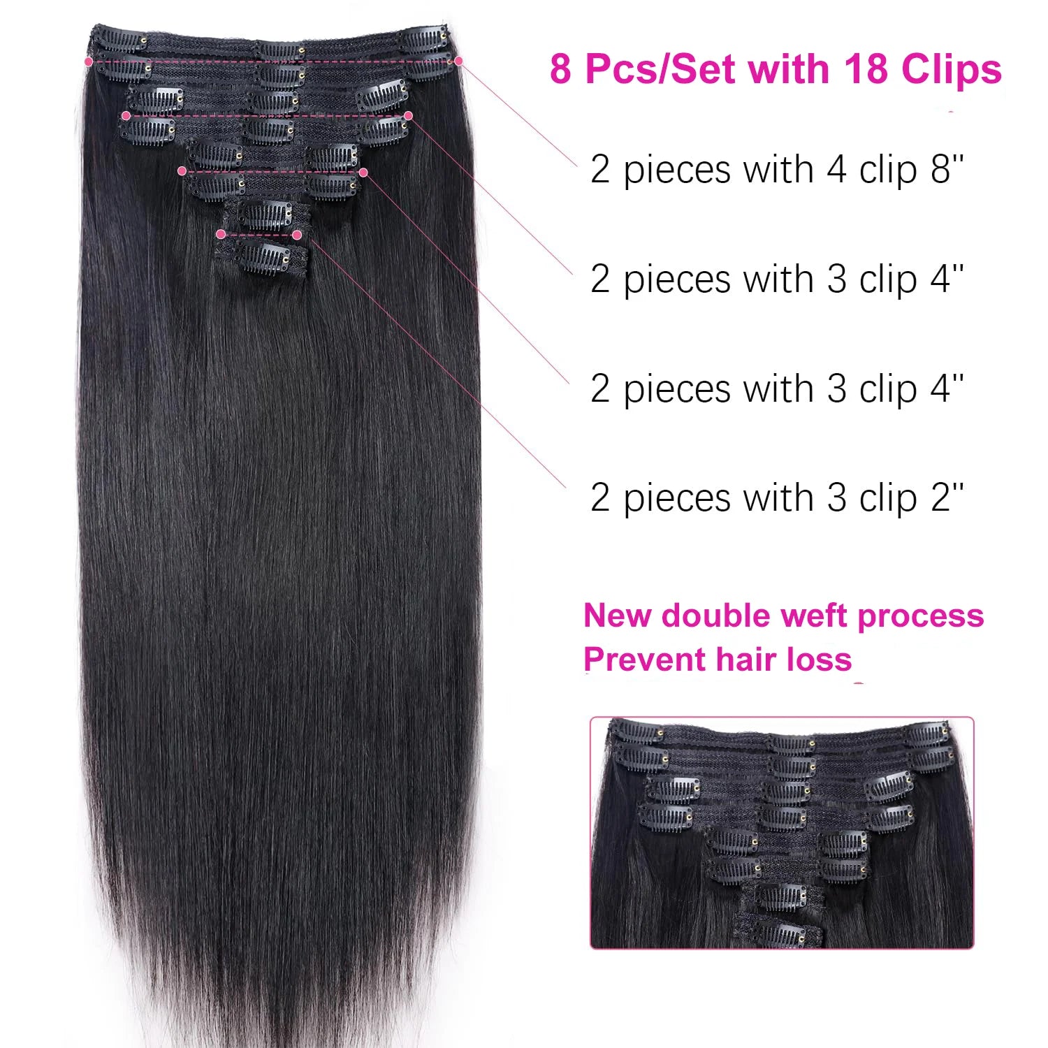 Human Clip In Hair Extension 120g 8Pcs/Set Long Straight Hair Extension 18Clips Natural Black In Thick Hairpiece For Girls Women