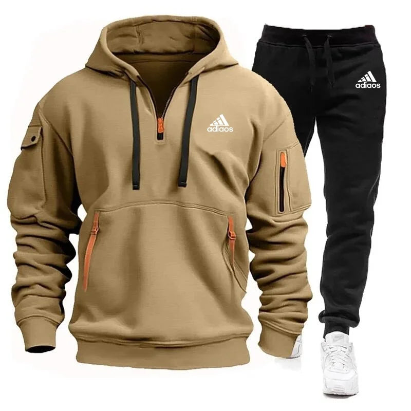 Men's Multi Pocket Zipper Sportswear And Pants Set, Casual Sportswear, Running Suit, Spring And Autumn Hooded Two-Piece Set2024