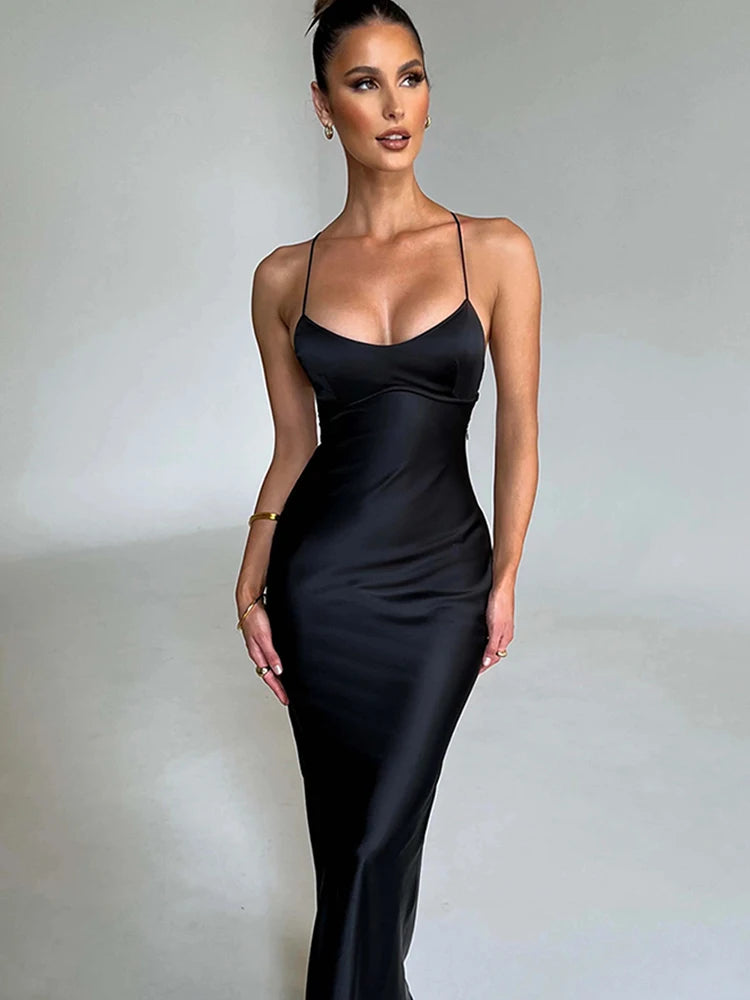 Articat Satin Backless Lace Up Mermaid Slip Dress Women Sweetheart Neck Sexy Slim Bodycon Dresses Elegant Silk Gown Partywear