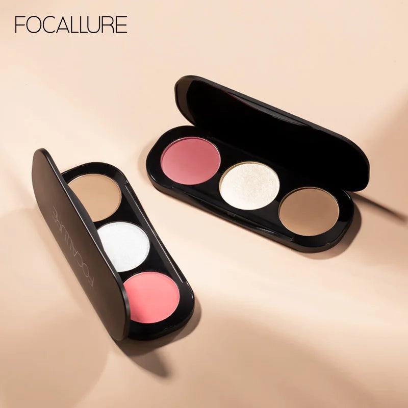 Focallure Wholesale Blusher&Highlighter Palette 3 Colors Luxury Face Contour Bronzer Makeup Set Soft Ultra Fine Powder Blusher