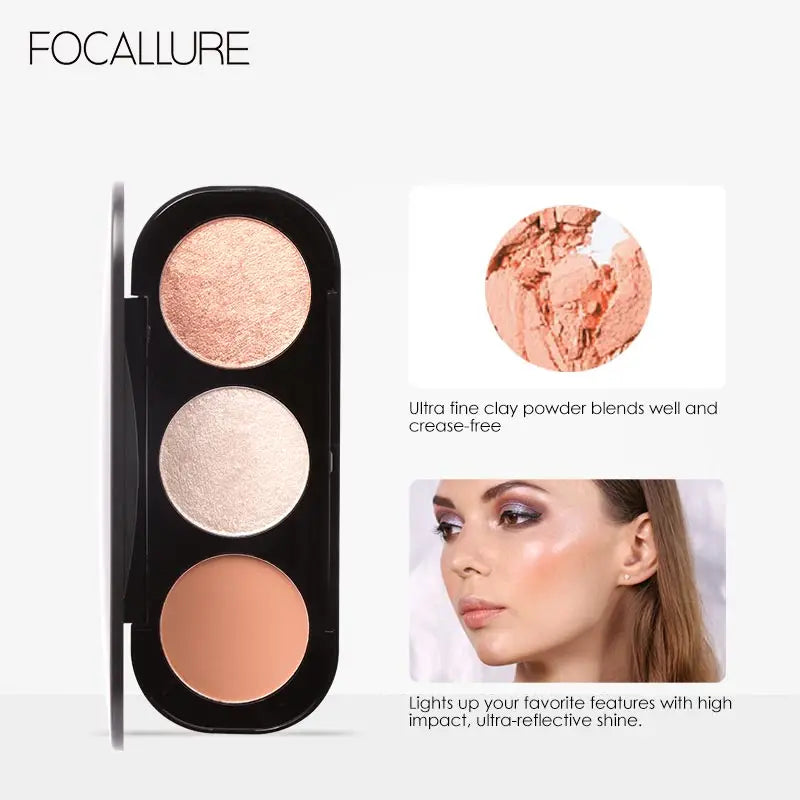 Focallure Wholesale Blusher&Highlighter Palette 3 Colors Luxury Face Contour Bronzer Makeup Set Soft Ultra Fine Powder Blusher