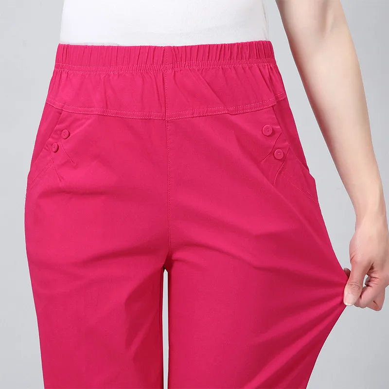 Middle Aged And Old Women Spring White Pants Thin Elastic Waist Straight Pants Mother Ankle-Length Trousers