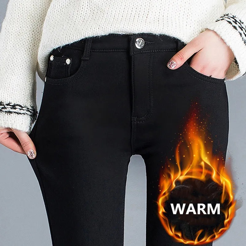 Women's Jeans Winter White Solid Fleece Pencil Pants Stretch Skinny Trousers Casual Warm Thicken Pockets 2021 Y2K Bottoms P9189