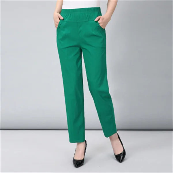 Middle Aged And Old Women Spring White Pants Thin Elastic Waist Straight Pants Mother Ankle-Length Trousers