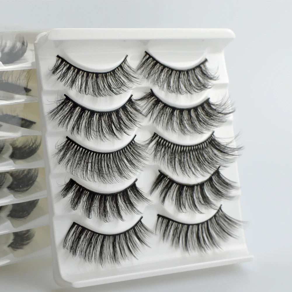 QSTY-Natural Long False Eyelash, 3D Mink Eyelashes, Black Bushy, Makeup Extension, Dramatic Volume, Fake Lash, 5 Pairs