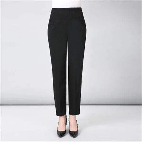 Middle Aged And Old Women Spring White Pants Thin Elastic Waist Straight Pants Mother Ankle-Length Trousers