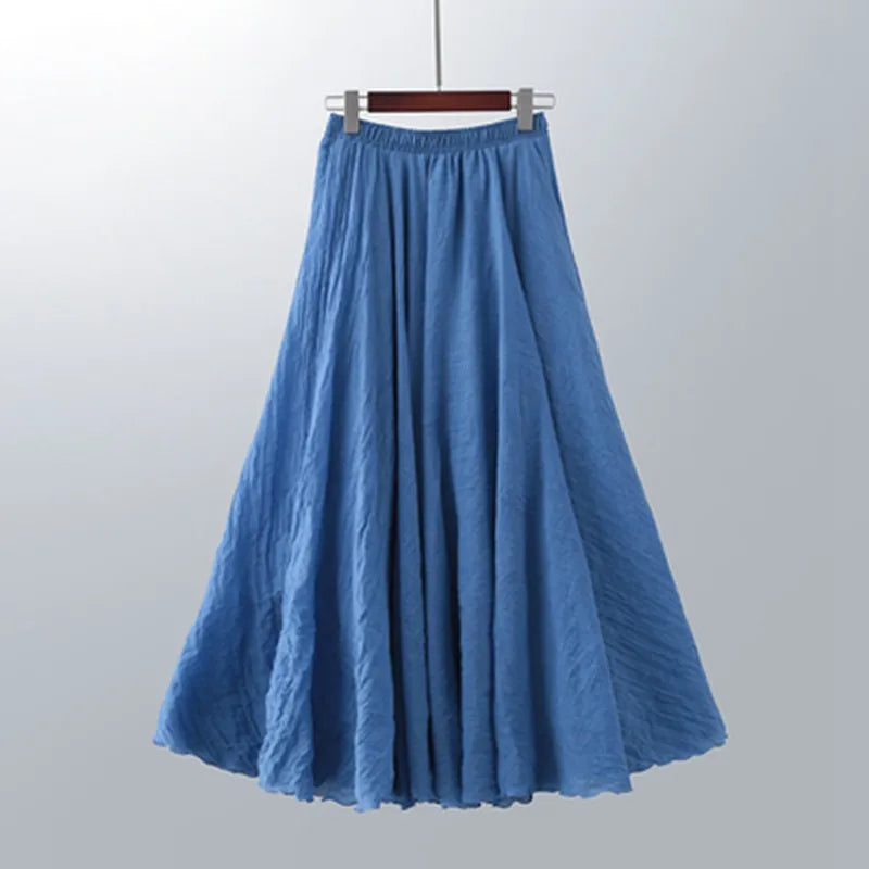 High Quality Cotton Linen Maxi Skirt Womens Casual Elastic High Waist Pleated A-Line Beach Skirts Boho Saia Feminina Faldas Jupe