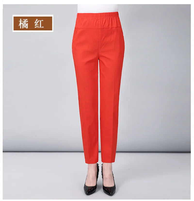 Middle Aged And Old Women Spring White Pants Thin Elastic Waist Straight Pants Mother Ankle-Length Trousers