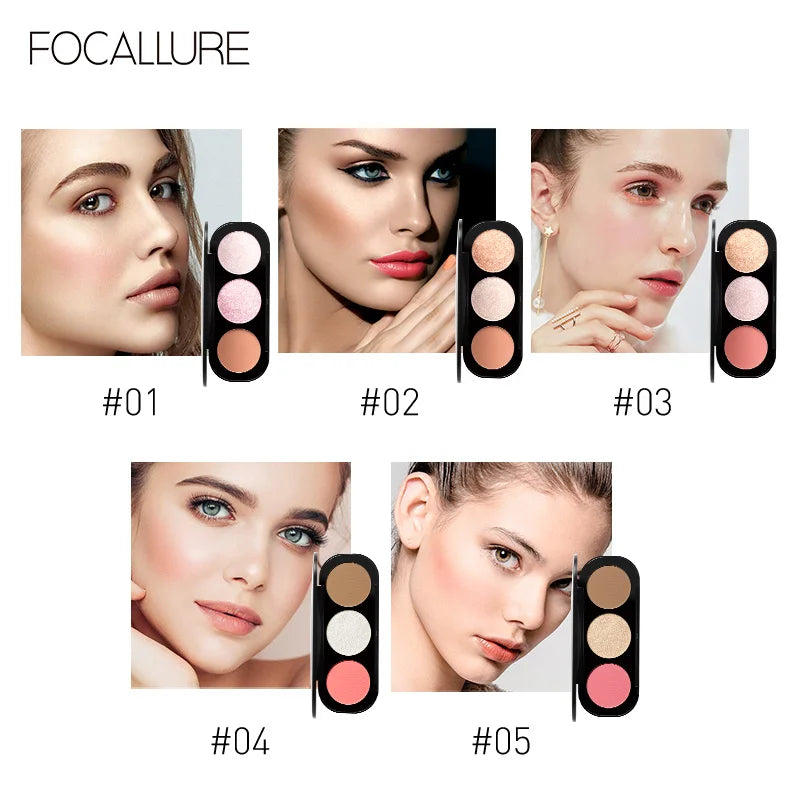 Focallure Wholesale Blusher&Highlighter Palette 3 Colors Luxury Face Contour Bronzer Makeup Set Soft Ultra Fine Powder Blusher