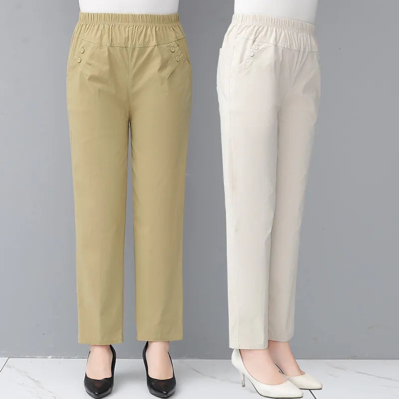 Middle Aged And Old Women Spring White Pants Thin Elastic Waist Straight Pants Mother Ankle-Length Trousers