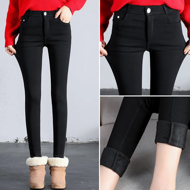 Women's Jeans Winter White Solid Fleece Pencil Pants Stretch Skinny Trousers Casual Warm Thicken Pockets 2021 Y2K Bottoms P9189