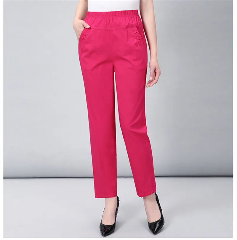 Middle Aged And Old Women Spring White Pants Thin Elastic Waist Straight Pants Mother Ankle-Length Trousers