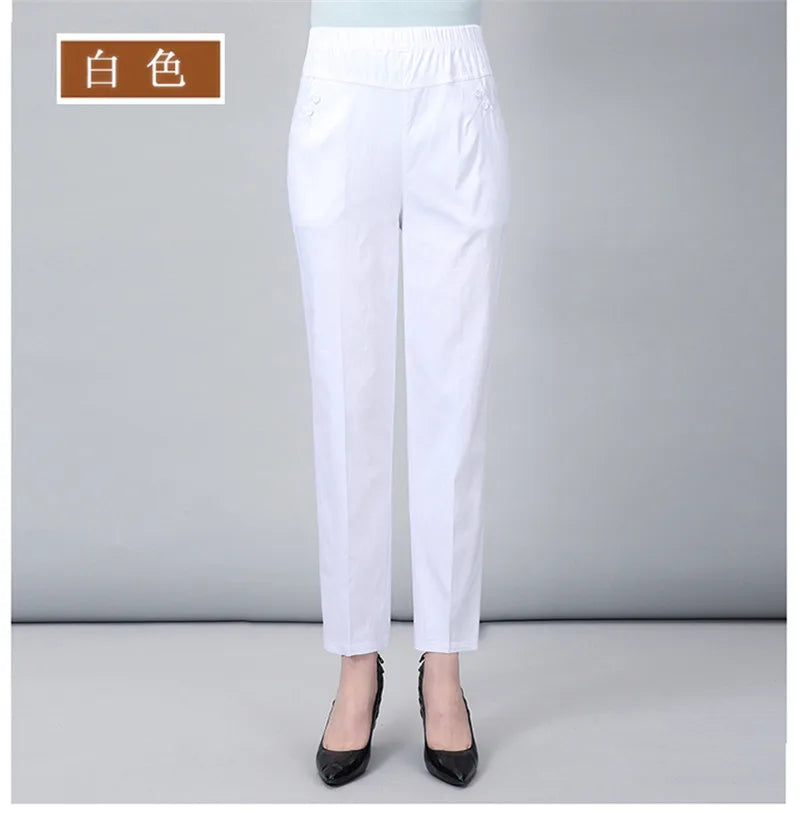 Middle Aged And Old Women Spring White Pants Thin Elastic Waist Straight Pants Mother Ankle-Length Trousers