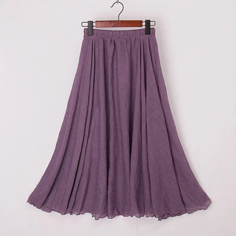 High Quality Cotton Linen Maxi Skirt Womens Casual Elastic High Waist Pleated A-Line Beach Skirts Boho Saia Feminina Faldas Jupe