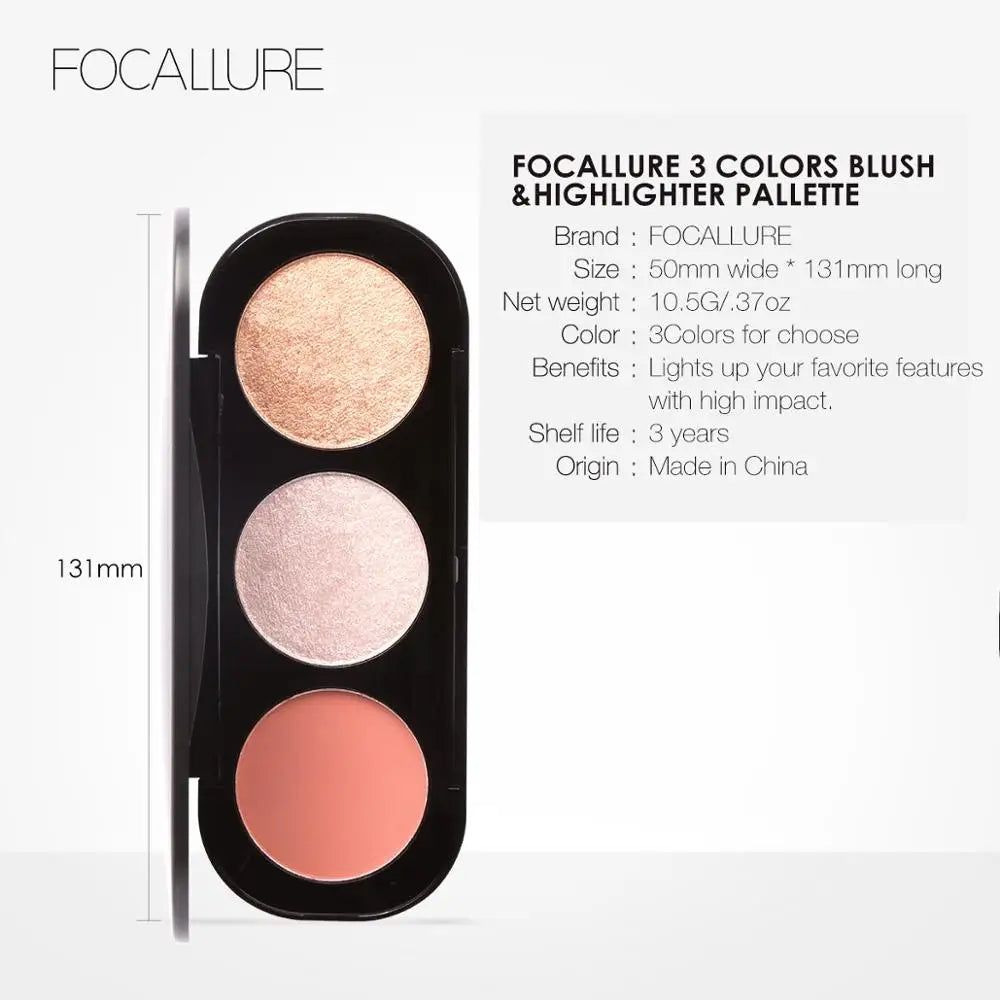 Focallure Wholesale Blusher&Highlighter Palette 3 Colors Luxury Face Contour Bronzer Makeup Set Soft Ultra Fine Powder Blusher