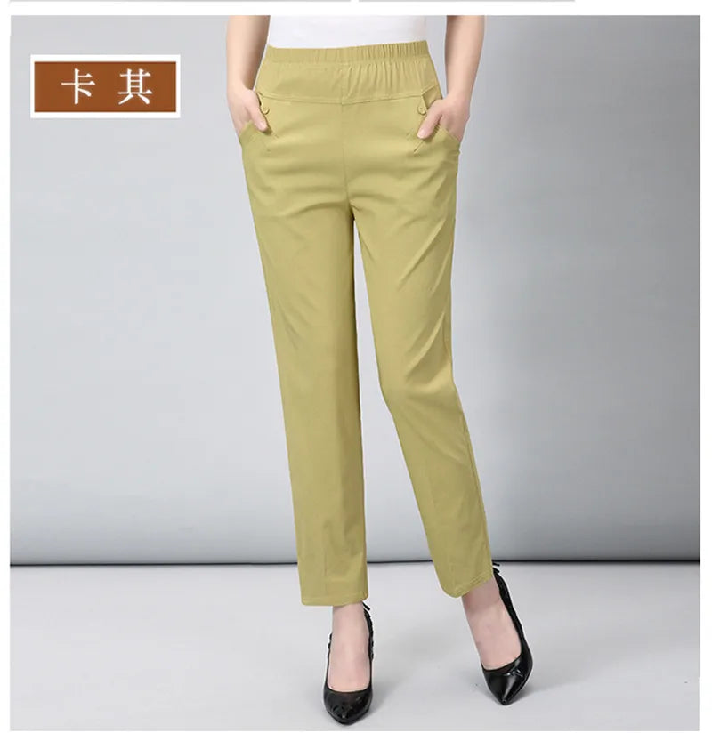 Middle Aged And Old Women Spring White Pants Thin Elastic Waist Straight Pants Mother Ankle-Length Trousers