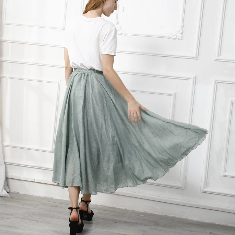 High Quality Cotton Linen Maxi Skirt Womens Casual Elastic High Waist Pleated A-Line Beach Skirts Boho Saia Feminina Faldas Jupe