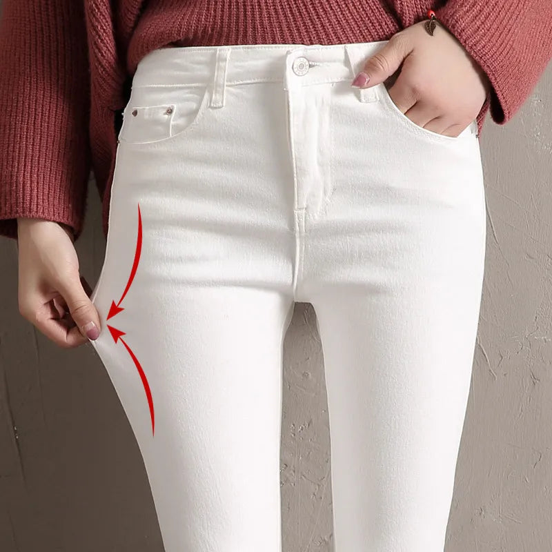 Women's Jeans Winter White Solid Fleece Pencil Pants Stretch Skinny Trousers Casual Warm Thicken Pockets 2021 Y2K Bottoms P9189