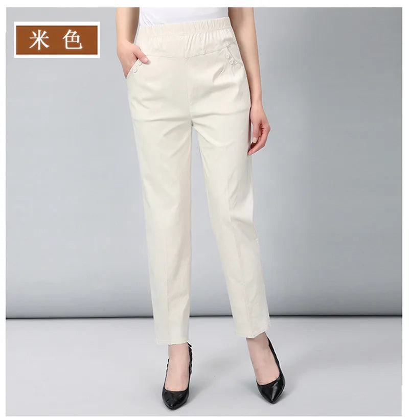 Middle Aged And Old Women Spring White Pants Thin Elastic Waist Straight Pants Mother Ankle-Length Trousers