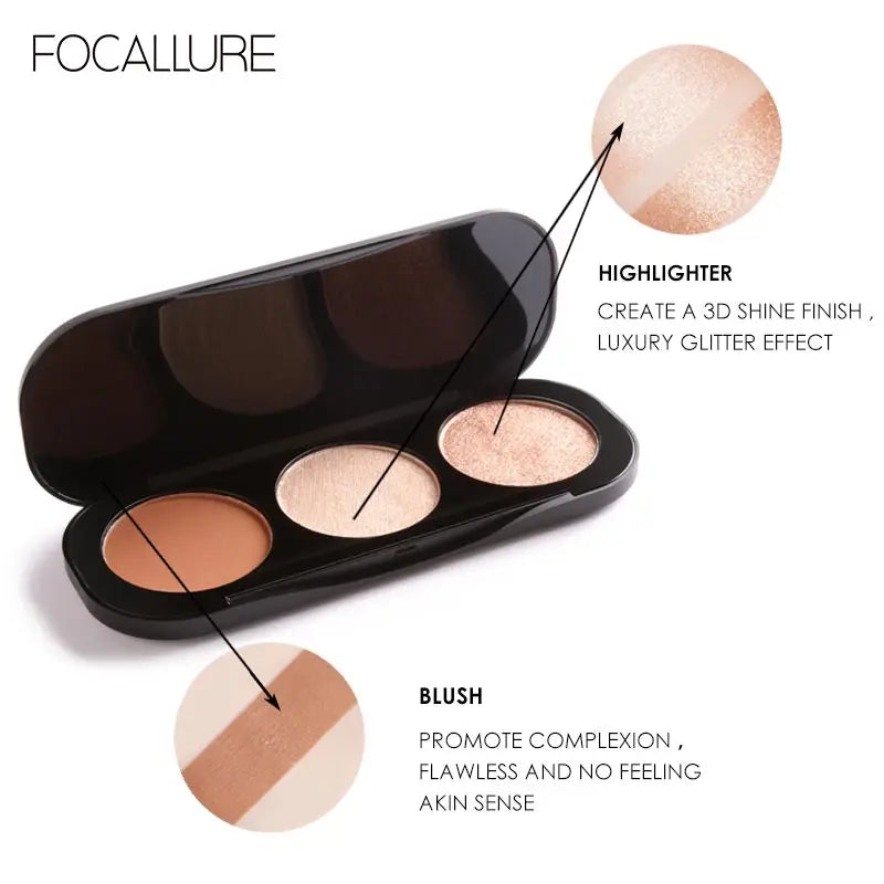 Focallure Wholesale Blusher&Highlighter Palette 3 Colors Luxury Face Contour Bronzer Makeup Set Soft Ultra Fine Powder Blusher