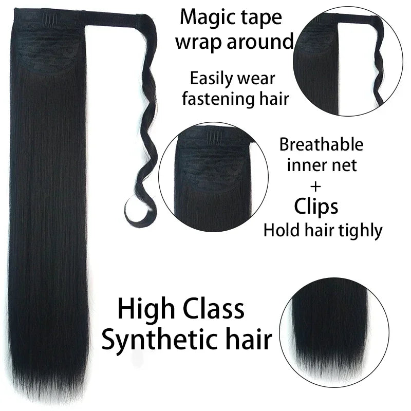 Long Straight Clip in Ponytail Extensions for Women Natural Synthetic Wrap Around Ponytail False Hair Black Straight Horse Tail