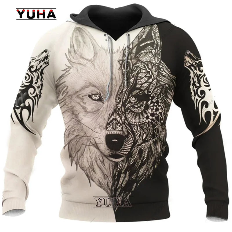 New Wolf Tattoo Vegvisir Black White 3D All Over Printed Men's Hoodie & Sweatshirt Unisex Casual Autumn Tracksuits