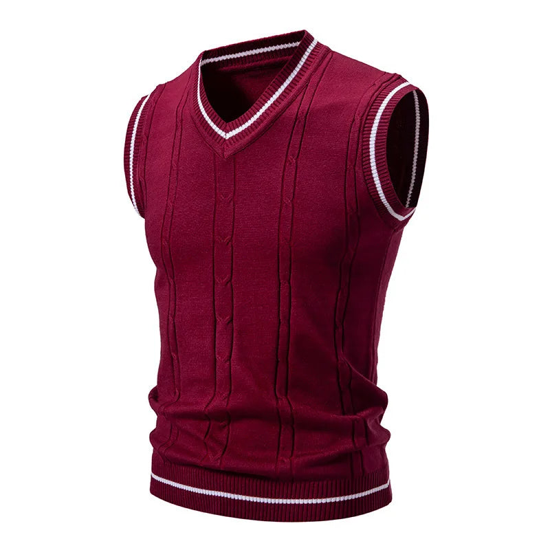 Autumn Winter Men's Knit Vests V-Neck Sleeveless Slim Fit Knitted Pullovers Men Fashion Patchwork Smart Casual Sweater Vest Man