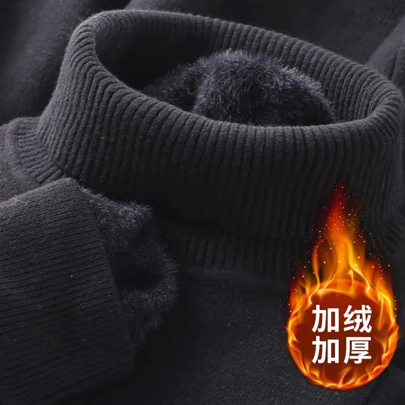 Autumn Winter Men's Turtleneck Sweater Knitted Velvet Warm Long Sleeve Pullover Outdoor Cold-proof Casual Blouse Base Sweater