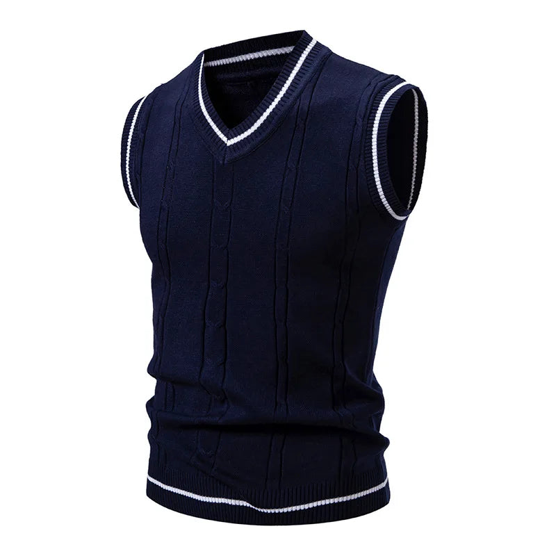 Autumn Winter Men's Knit Vests V-Neck Sleeveless Slim Fit Knitted Pullovers Men Fashion Patchwork Smart Casual Sweater Vest Man