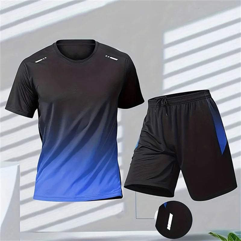 New Summer Sportswear Men Gradient Printed Badminton Set Outdoor Running T-shirt and Shorts Comfortable and Breathable Clothing