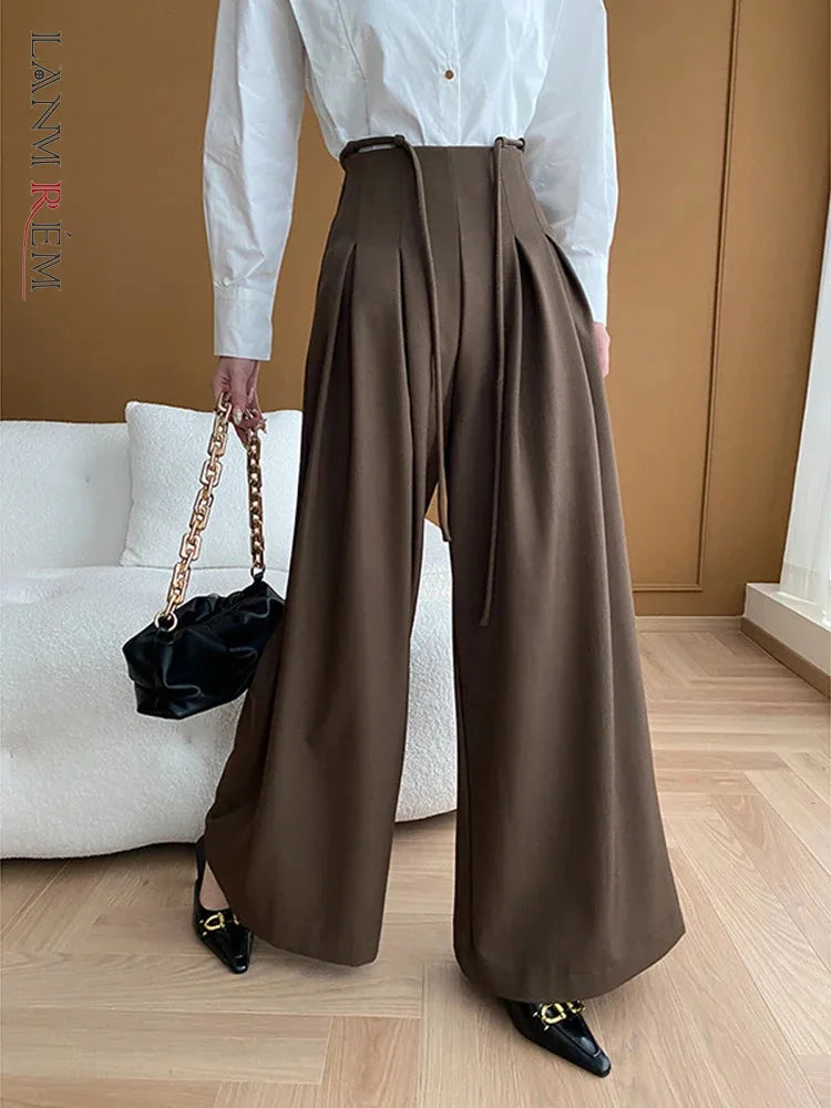 [LANMREM] Fashion Drawstring Suits Pants For Women High Waist Pleasted Wide Leg Trousers Office Lady Clothes 2024 Spring New