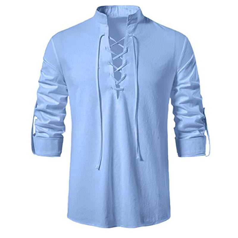 2022 New Men's V-neck shirt T-shirt Fashion Vintage Thin Long Sleeve Top men Casual Breathable  Front Lace Up man Shirts