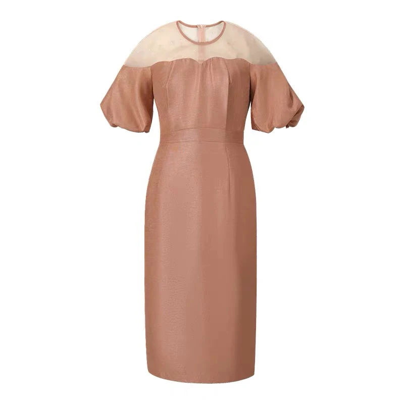 Work Style Formal Occasion Dress Women Clothes Commute Elegant Office Retro Sheer Sexy O-Neck Puff Sleeve Midi Pencil Vestidos