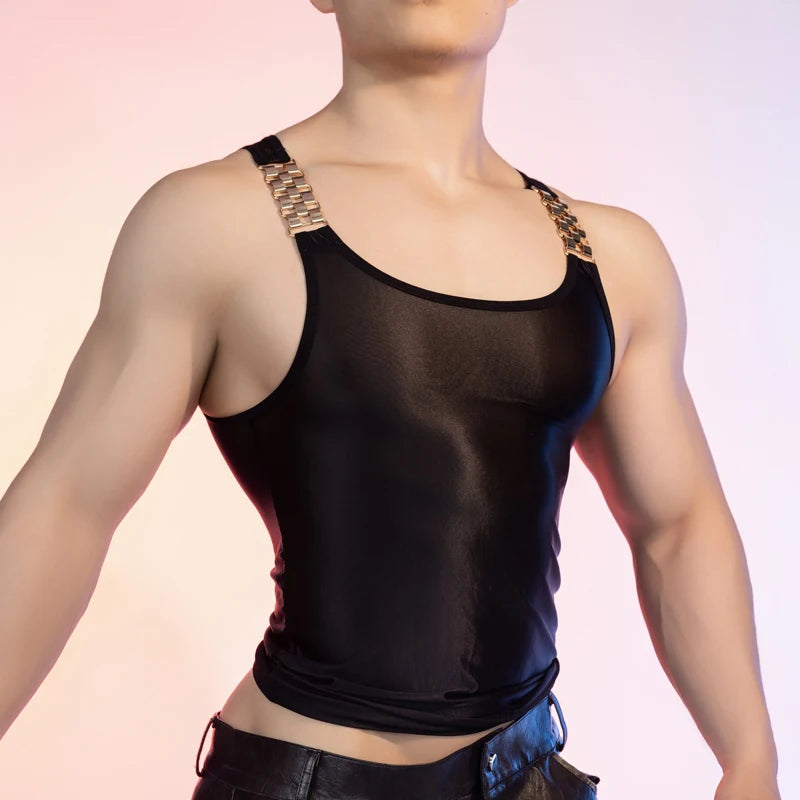 Tank Tops Sheer Transparent Oil Shiny Men's Vest Man Clothing Night Club High Elastic Sleeveless Shirt  singlet men