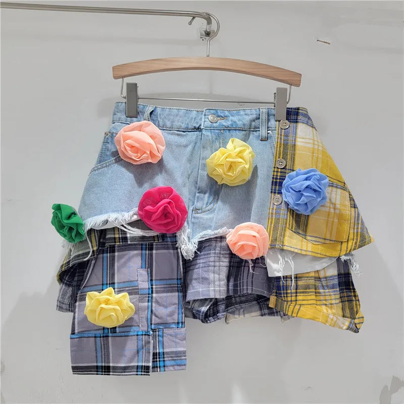 DEAT Women's Denim Skirt Colored Plaid Patchwork Irregular Deconstructed A-line High Waist Mini Skirt 2024 Autumn New Fashion