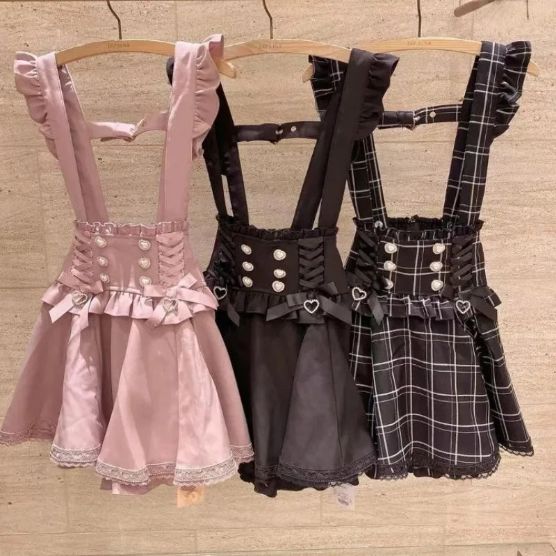 Japanese Gothic Lolita Ribbon Short Suspender plaid Skirt Girls Sweet Cute Lace A-Line Mini Skirts summer2024 black solid kawaii