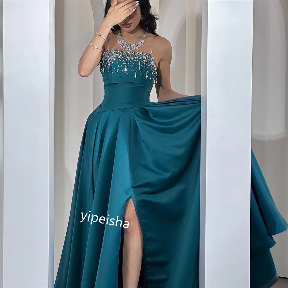 Customized  Evening Satin Beading Draped Cocktail Party  Gown Strapless Bespoke Occasion  Long Dresses Saudi Arabia