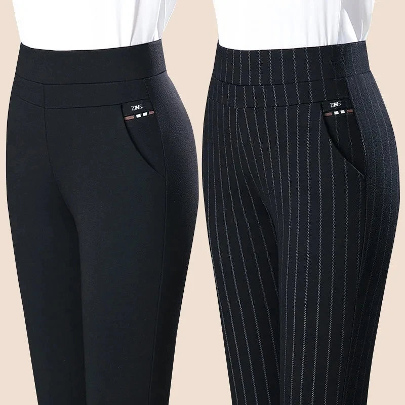 Spring Autumn Middle Aged Women Elastic Waist Casual Straight Pants Female Trousers Lady Stripe Pencil Pants Black Pants 5XL1833