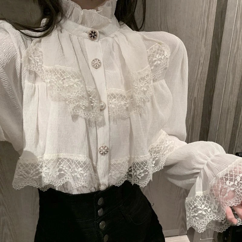 Elegant Lace Women Blouse Fashion Fashion Korean White Chiffon Office Ladies Shirts Stand Neck Ruffles Spring Female Tops New