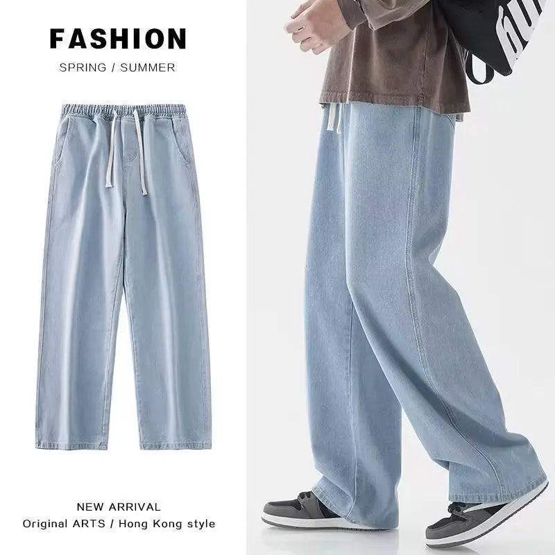 Men's New Fashion Solid Color Drape Jeans Loose Straight Vintage High Street Hip-hop Y2K Casual Daily Dragging Wide-leg Pants