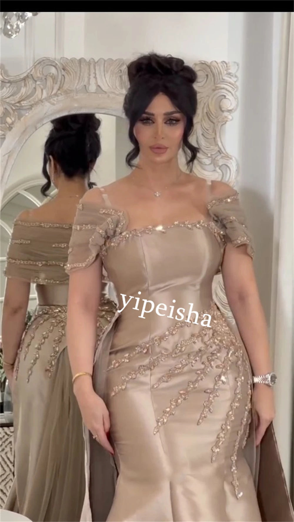 Jiayigong  Satin Sequined Valentine's Day Trumpet Off-the-shoulder Bespoke Occasion Gown Long Dresses Saudi Arabia