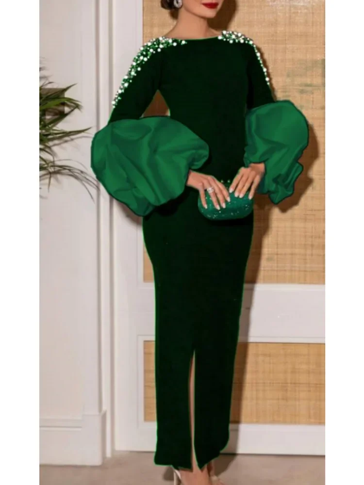 Green Velvet Long Party Dresses Christmas Autumn Winter for Women Occasion Event Lantern Sleeves Beading Bodycon New Event Gowns