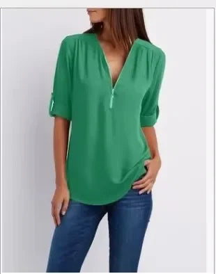 2024 Hot Sale Women Cool Loose Shirt Deep V Neck Chiffon Fashion Blouse Casual Ladies Tops Sexy Zipper Pullover Plus Size