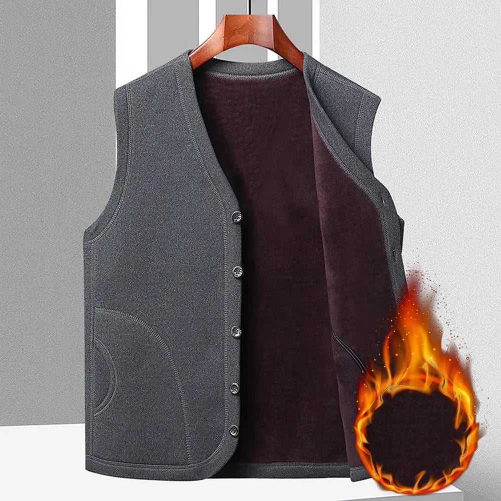 Winter Vest for Men Men's Single-breasted V Neck Plush Vest with Pockets Casual Cold Resistant Sleeveless Cardigan for Fall