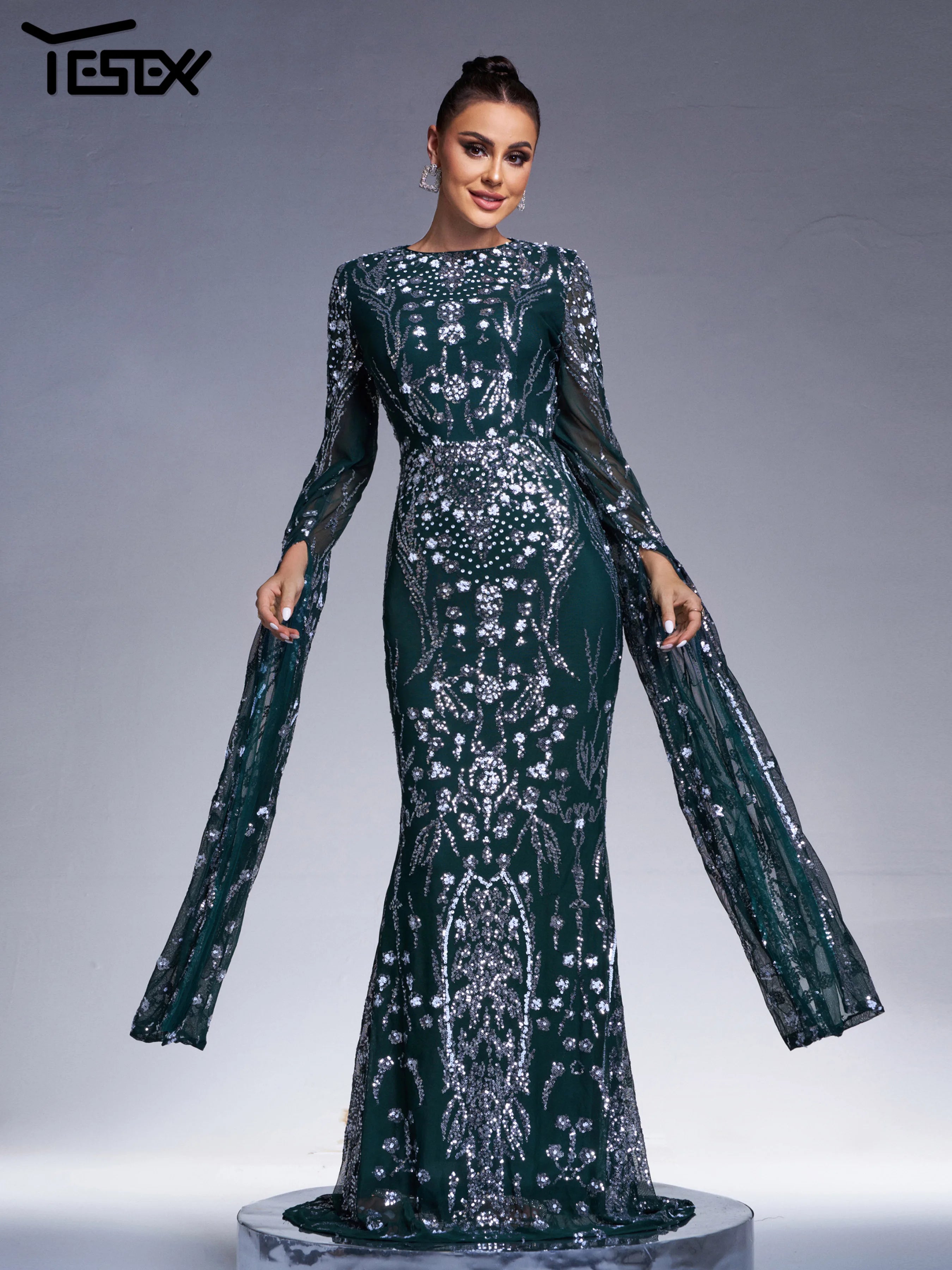 Yesexy New Church Round Neck Elegant Party Sequin Ethnic Style Mermaid Evening Gown Extend Sleeves Formal Occasion Dresses