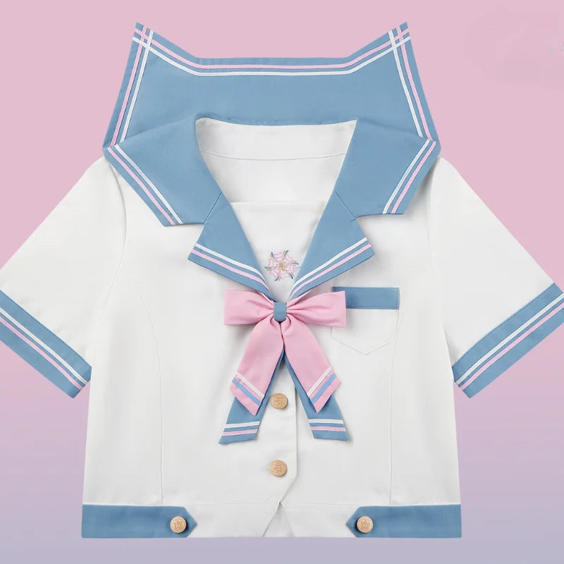 Japanese Style JK Uniform Sailor Collar Cute Sweet Blue and White Color Matching Long Short Sleeves Top Pleated Skirt Suit Girls