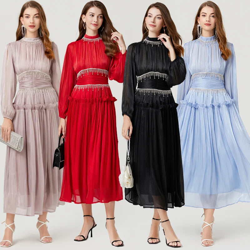 French Luxury Crystal Beads Tassel Shine Robes Holiday Women Stand Lantern Sleeve Ruffles Pleated Formal Occasion Prom Dress 622