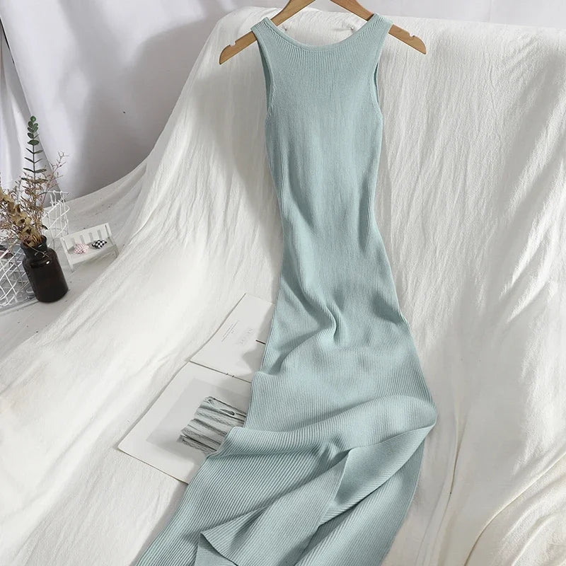 OCEANLOVE Korean Knitted Robe Femme Summer V Neck Sleeveless Kink Hollow Out Sexy Slim Bodycon Dress Split Fork Long Vestidos