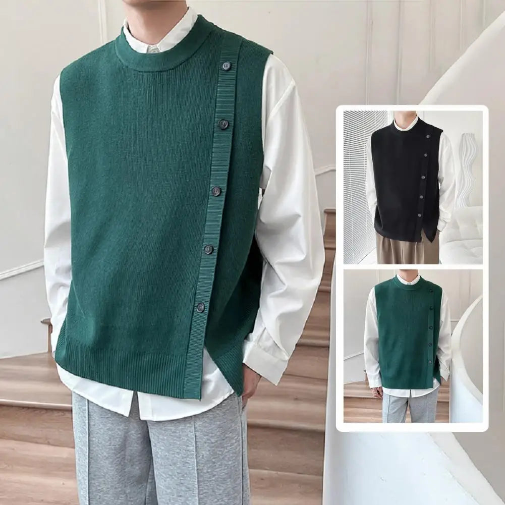 Men Vest Men's Casual Solid Color Knitted Sweater Vest with Buttons Sleeveless Round Neck Cardigan for Fall Winter Fashion