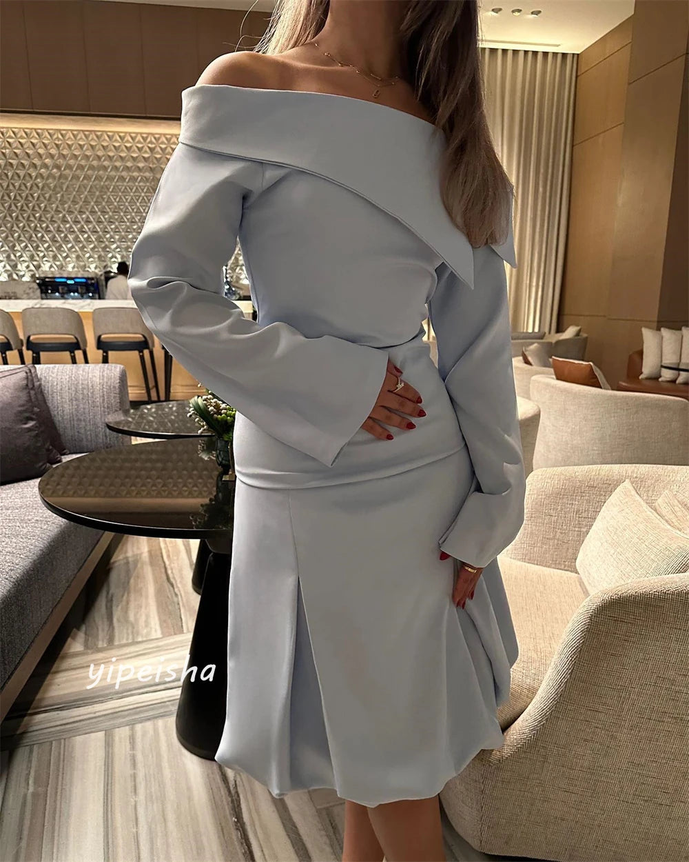 Customized Jersey Draped Pleat Party A-line Off-the-shoulder Bespoke Occasion Gown Knee Length Dresses